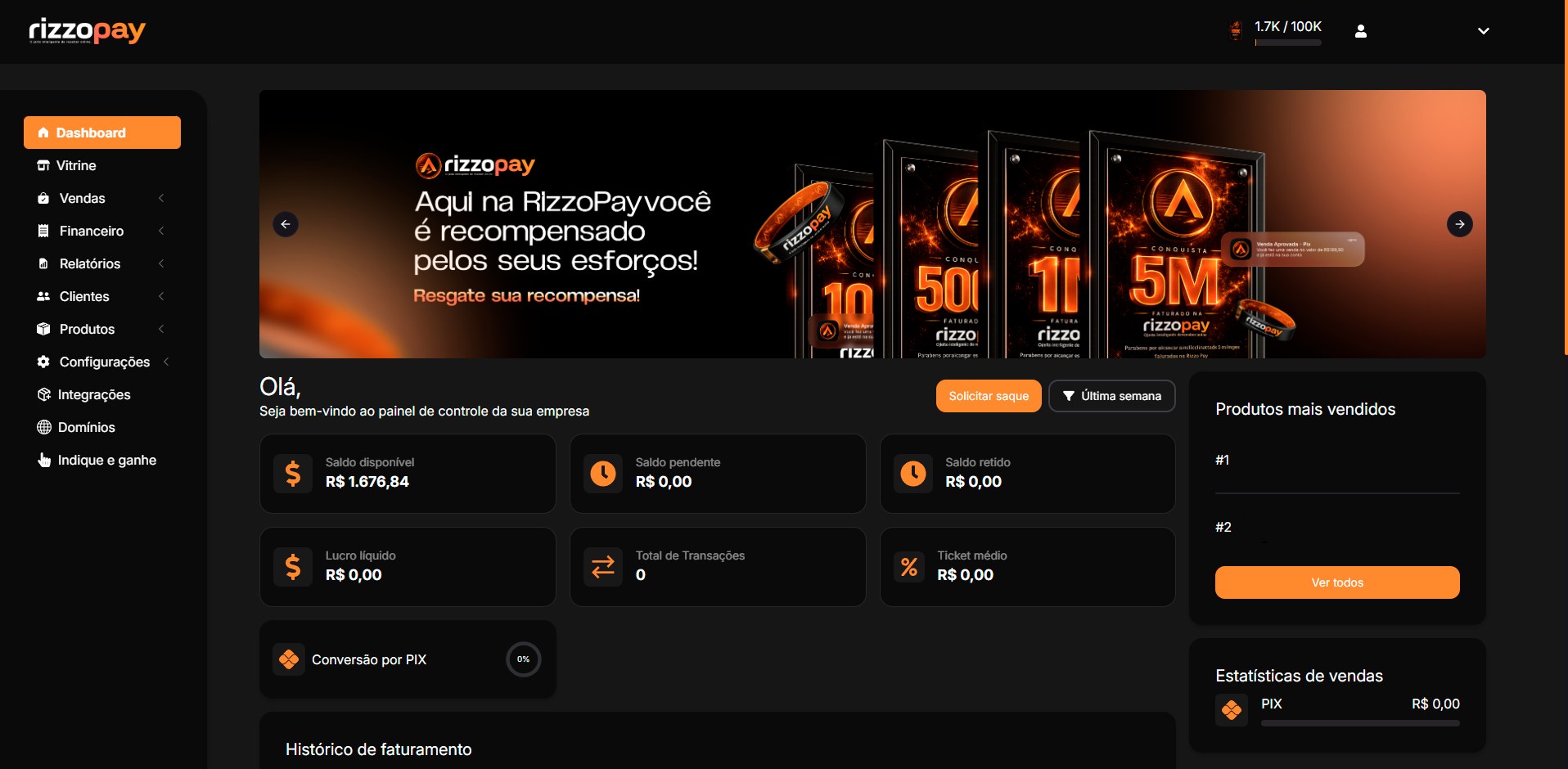 Painel real da rizzopay com saldo, transações e produtos mais vendidos
